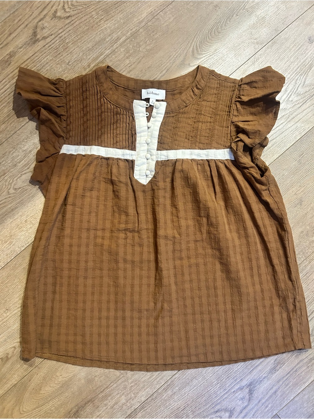 bohme Rust-Brown Flutter Sleeve Cotton Top with Cream Trim